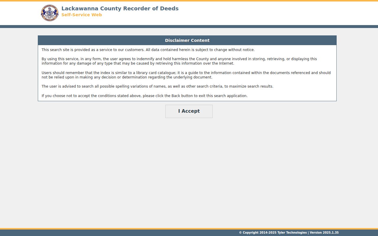 Lackawanna County Recorder document search form with grantor and grantee fields