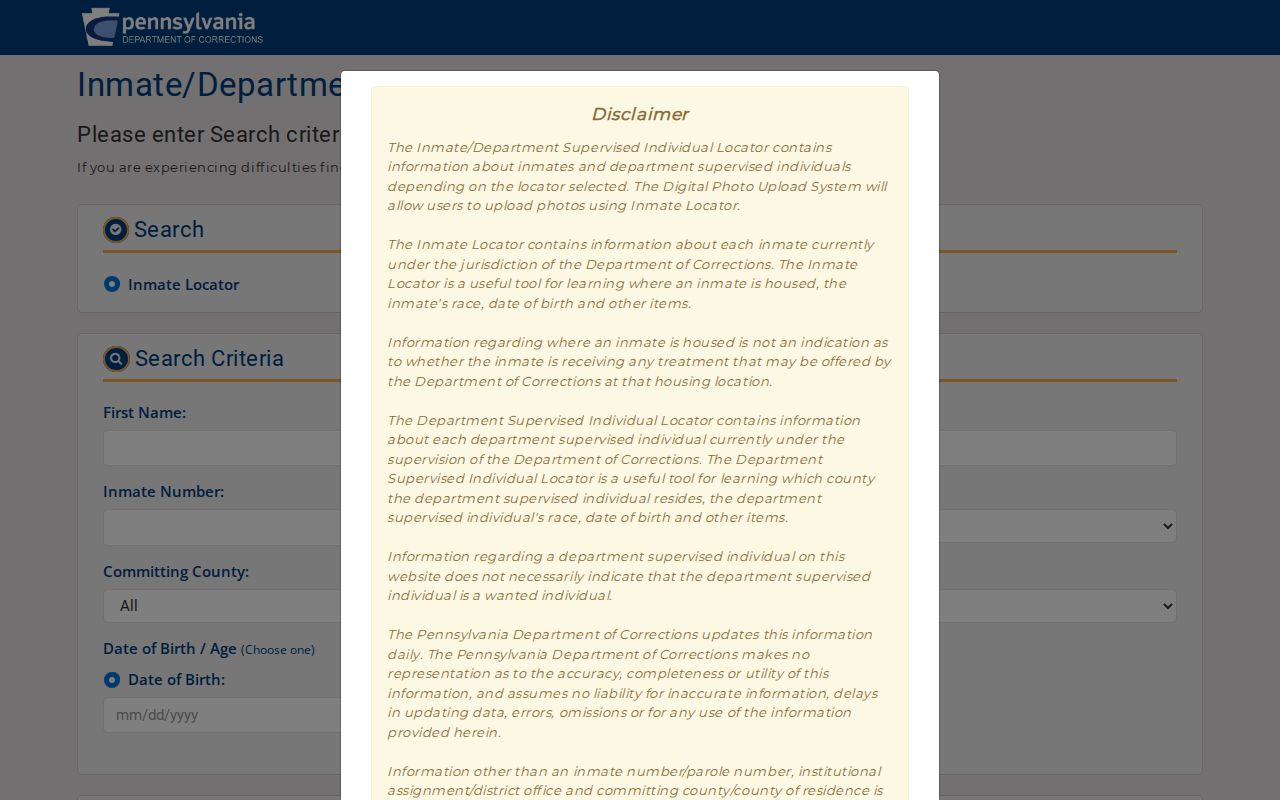 Scranton resident lookup limitation shown on Pennsylvania DOC inmate locator